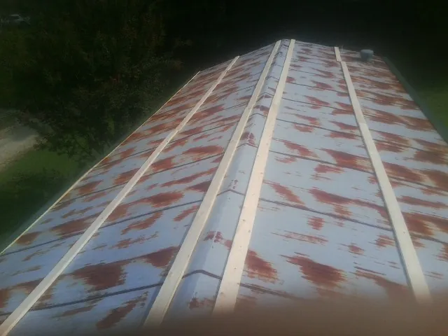 Rusted metal roof panels with new wood purlins before replacement — Storm Damage Roof Repair in Brooker by Roofing Brothers