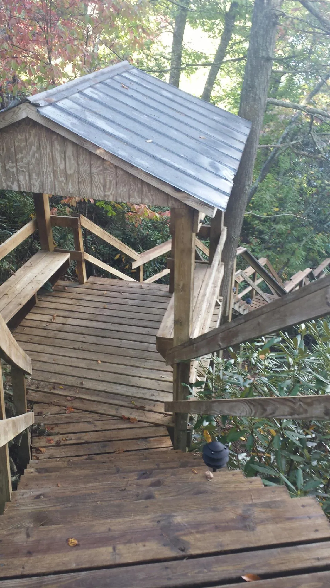 Metal roofed shelter over wooden steps on a wooded walkway — Skylight Repair & Installation work by our crew in Brooker
